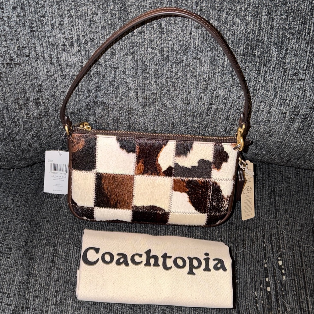 Coach Coachtopia Plaza Bag Upcrafted Haircalf Cow Print Leather Brass/Multi NWT